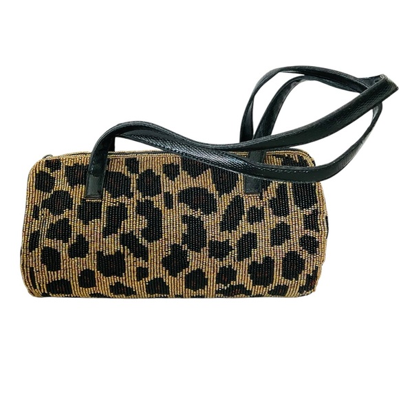 Vintage Beaded Leopard Print Barrel Bag Purse Double Handles - Picture 7 of 9